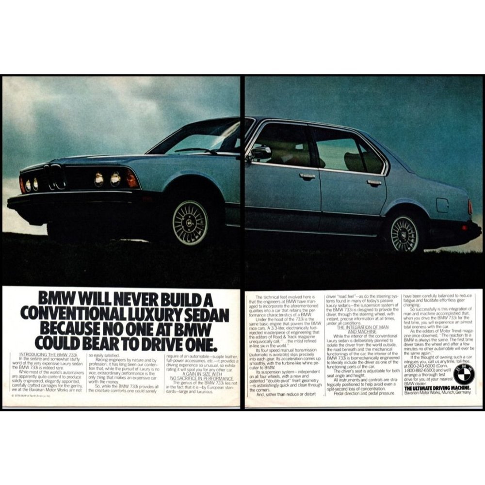 1978 BMW 733i Luxury Sedan 2 Page Vintage Print Ad Dusk Clouds Wall Art Photo